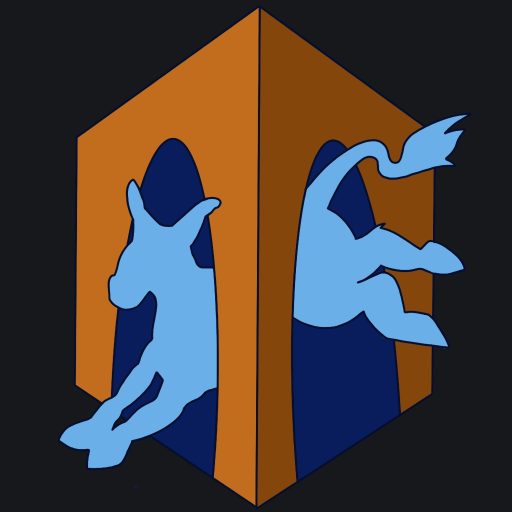 Blue donkey icon leaping through orange La Porte arches. Logo by Alyssa Shotwell.